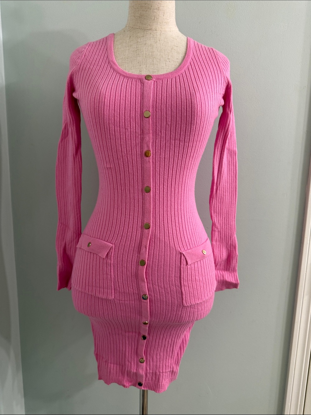 New W/ Tags Bubblegum Pink Ribbed Henley Bodycon Midi Dress S
